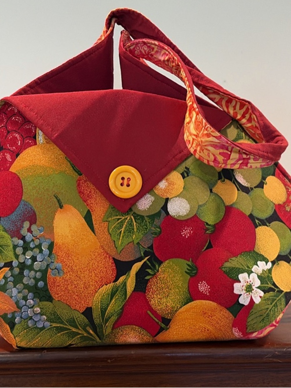 Red Fruit-Print Canvas Tote Bag with Yellow Button